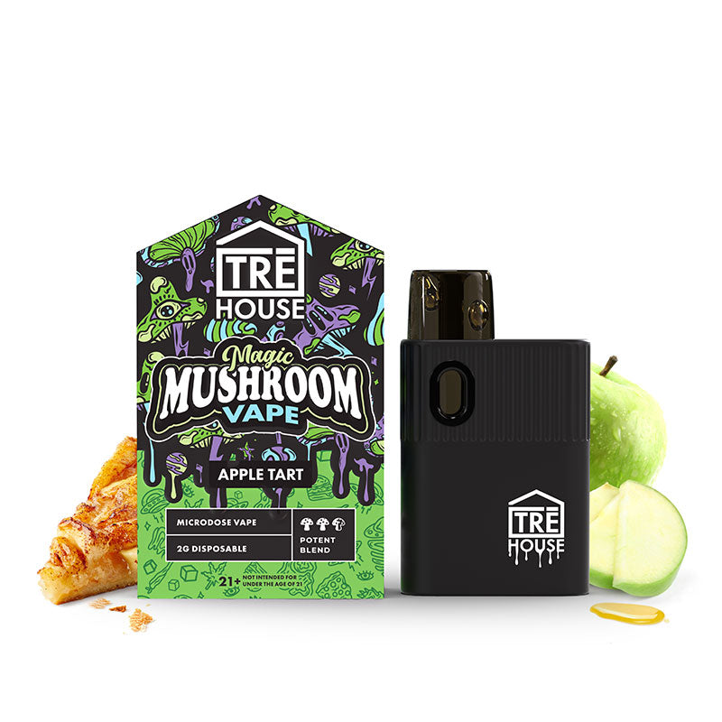 TRĒ House Magic Mushroom Disposable Vape Pens, mushroom vape pen, magic mushroom vape pen, disposable mushroom vape pen, green and black box with black vape and apples, trippy, apple tart