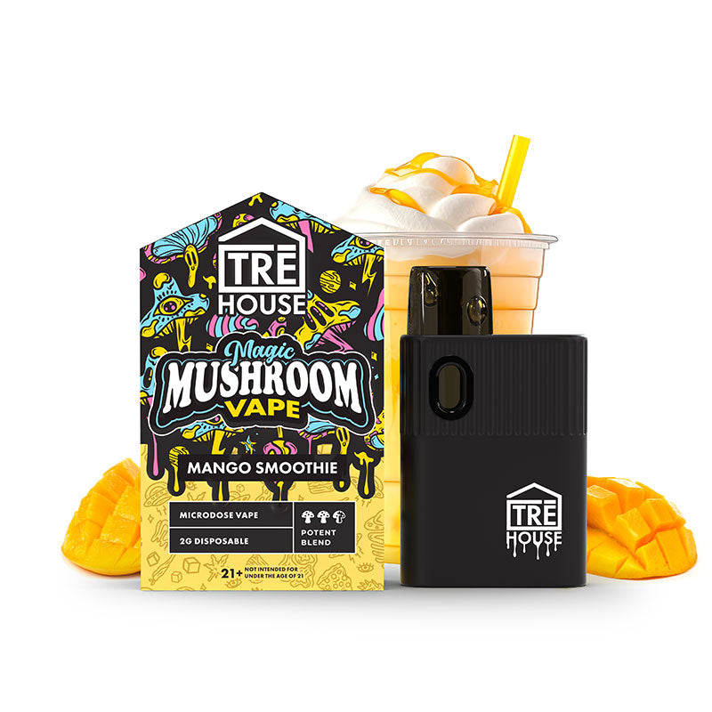 TRĒ House Magic Mushroom Disposable Vape Pens, mushroom vape pen, magic mushroom vape pen, disposable mushroom vape pen, yellow and black box with black vape and mango smoothie, trippy, mango smoothie