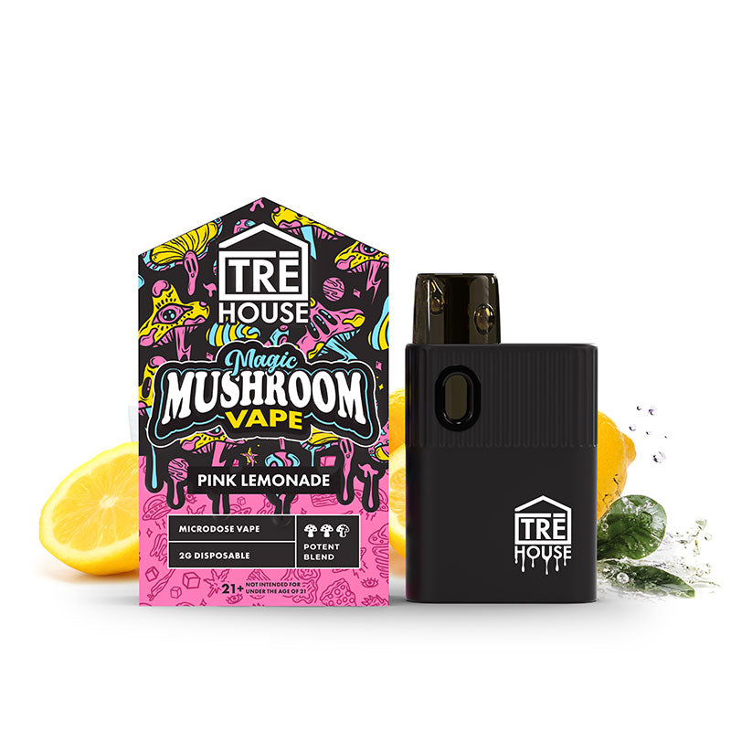 TRĒ House Magic Mushroom Disposable Vape Pens, mushroom vape pen, magic mushroom vape pen, disposable mushroom vape pen, pink and black box with black vape and lemons, trippy, pink lemonade