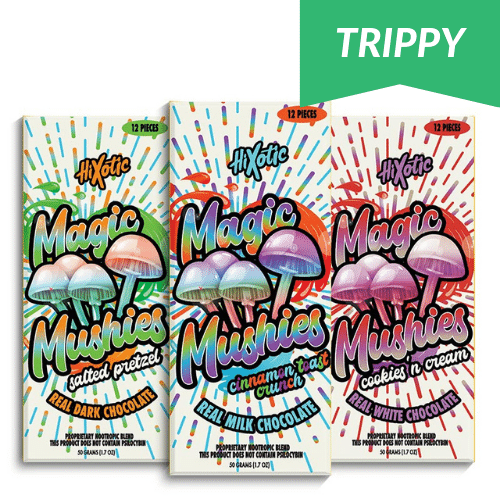 Hixotic Magic Mushies Chocolate Bar, mushroom chocolate bar, magic mushroom chocolate, three chocolate bars in colorful packaging with mushrooms and text, cinnamon toast crunch, cookies n cream, salted pretzel