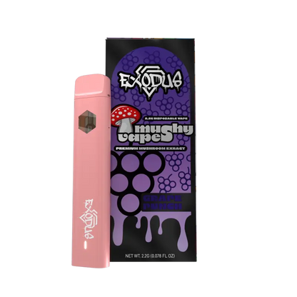 exodus mushroom extract mushy disposable vape 2.2g purple and black box with mushroom next to pink vape grape punch