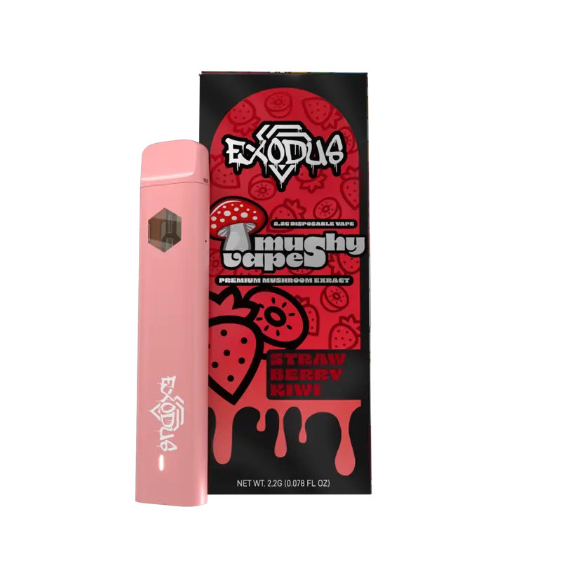 exodus mushroom extract mushy disposable vape 2.2g red and black box with mushroom next to pink vape strawberry kiwi