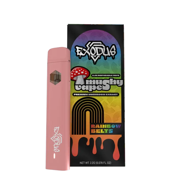 exodus mushroom extract mushy disposable vape 2.2g rainbow and black box with mushroom next to pink vape rainbow belts