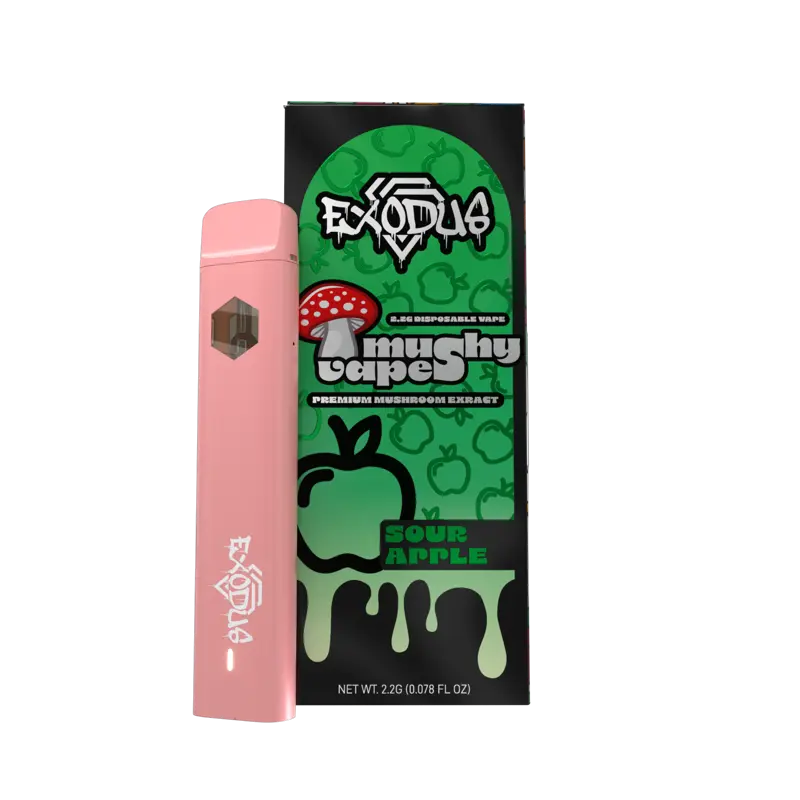 exodus mushroom extract mushy disposable vape 2.2g green and black box with mushroom next to pink vape sour apple