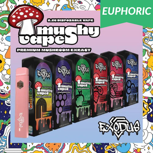 exodus mushroom extract mushy disposable vape 2.2g colorful boxes with mushroom next to pink vape