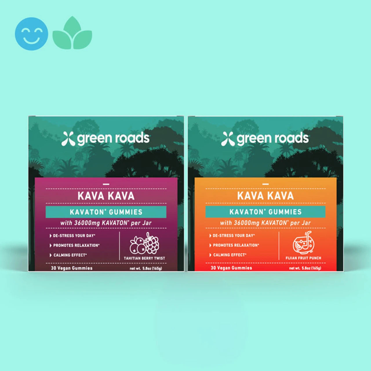 green roads kava kavaton gummies green boxes with trees and purple and orange labels