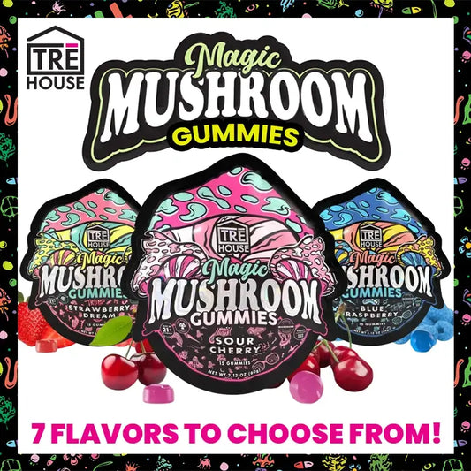 TRĒ House Magic Mushroom Gummies, magic mushroom gummies, mushroom extract gummies, mushroom gummies, microdose mushroom, colorful black packages with oranges and mangos and apples, blue raspberry, juicy mango, strawberry dream, watermelon wonder, sour apple, sour tropical, sour cherry
