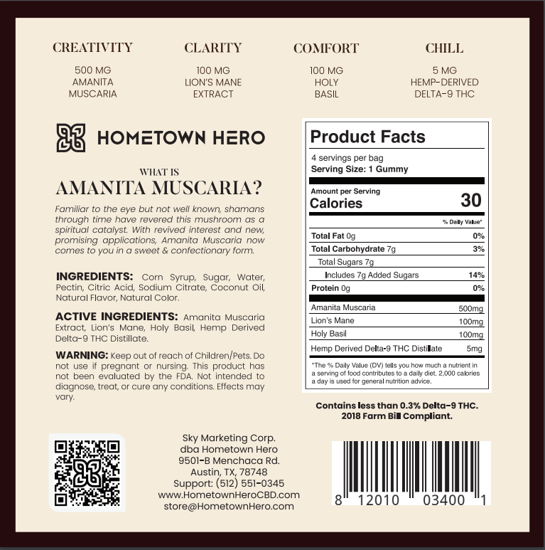 Hometown Hero Magic Amanita Muscaria + THC Gummies, magic mushroom gummies, mushroom gummies, mushroom and thc gummies, amanita muscaria, back of box with text, black cherry, 2000mg