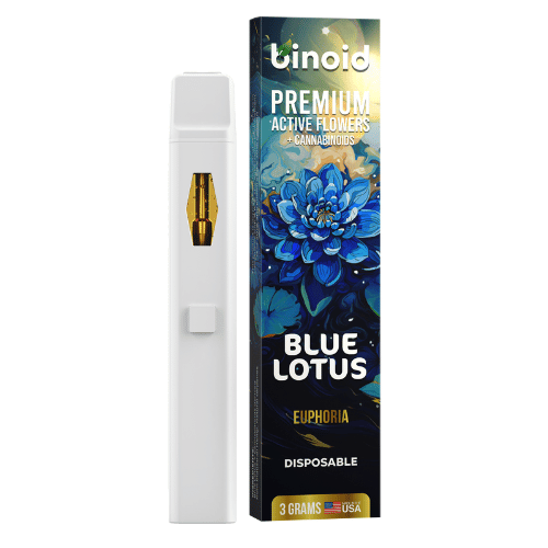 Binoid Active Flowers Disposable Vape Pen, mushroom extract vape, flower extract, thca, delta 9p,colorful box with blue lotus next to white vape pen, euphoria, blue lotus, 3g