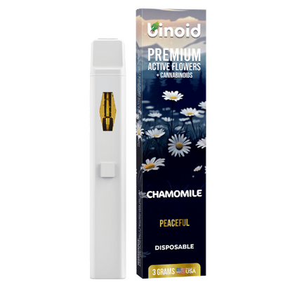 Binoid Active Flowers Disposable Vape Pen, mushroom extract vape, flower extract, thca, delta 9p,colorful box with chamomile flower next to white vape pen, peaceful, chamomile, 3g