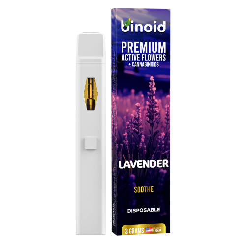 Binoid Active Flowers Disposable Vape Pen, mushroom extract vape, flower extract, thca, delta 9p, purple box with lavender flower next to white vape pen, soothe, lavender, 3g