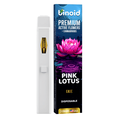 Binoid Active Flowers Disposable Vape Pen, mushroom extract vape, flower extract, thca, delta 9p, blue box with pink lotus next to white vape pen, euphoria, pink lotus, 3g