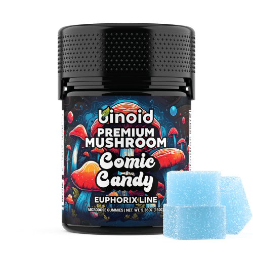 Binoid Mushroom Gummies Microdose, euphorix line, magic mushroom gummies, mushroom gummies, mushroom microdose, Ashwaganda, Reishi, Chaga, Lions Mane, colorful black jar with text and mushrooms next to purple square gummies, berry snow cone