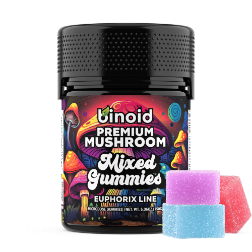 Binoid Mushroom Gummies Microdose, euphorix line, magic mushroom gummies, mushroom gummies, mushroom microdose, Ashwaganda, Reishi, Chaga, Lions Mane, colorful black jar with text and mushrooms next to purple and blue and red square gummies, mixed gummies