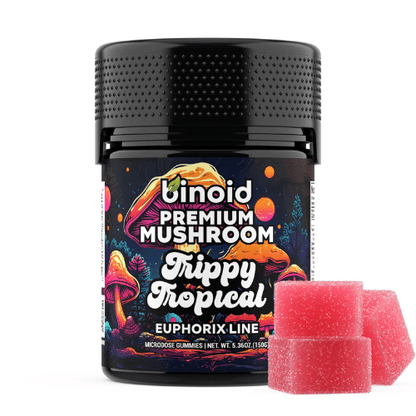 Binoid Mushroom Gummies Microdose, euphorix line, magic mushroom gummies, mushroom gummies, mushroom microdose, Ashwaganda, Reishi, Chaga, Lions Mane, colorful black jar with text and mushrooms next to red square gummies, trippy tropical