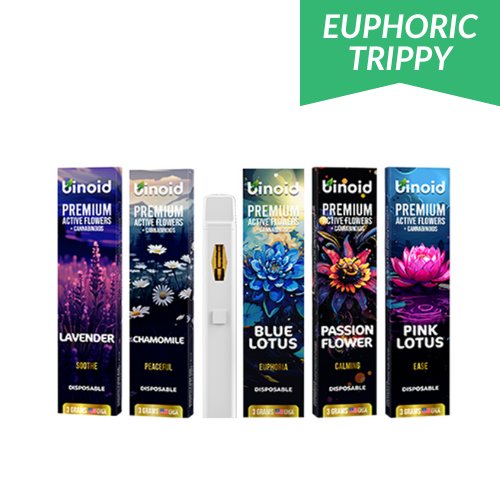 Binoid Active Flowers Disposable Vape Pen, mushroom extract vape, flower extract, thca, delta 9p,colorful boxes next to white vape pen, lavender, chamomile, blue lotus, passion flower, pink lotus, 3g