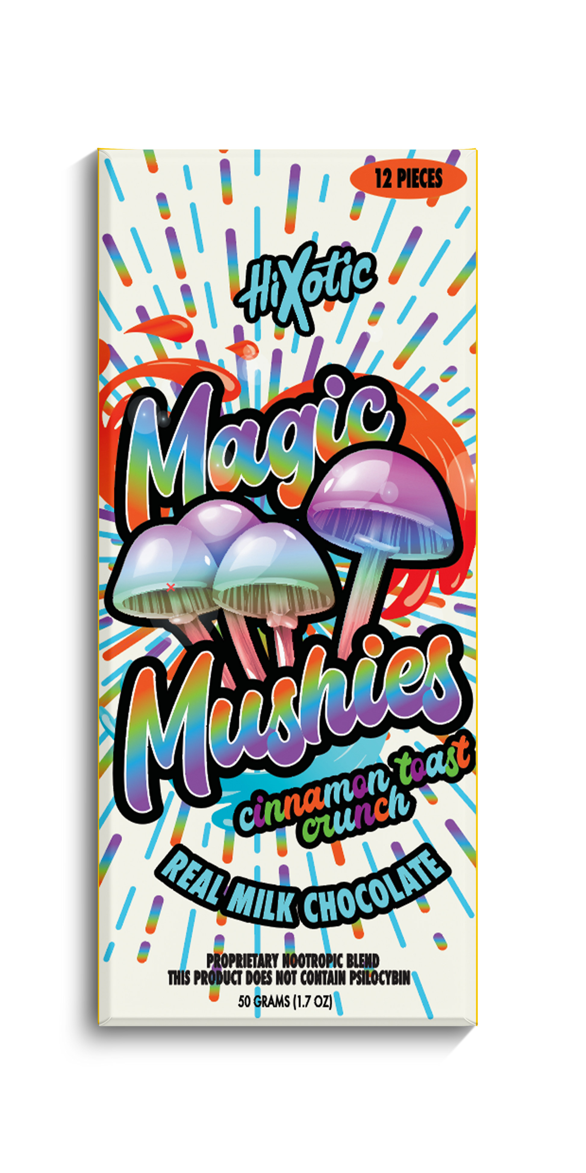 Hixotic Magic Mushies Chocolate Bar, mushroom chocolate bar, magic mushroom chocolate, chocolate bar in colorful packaging with mushrooms and text, cinnamon toast crunch