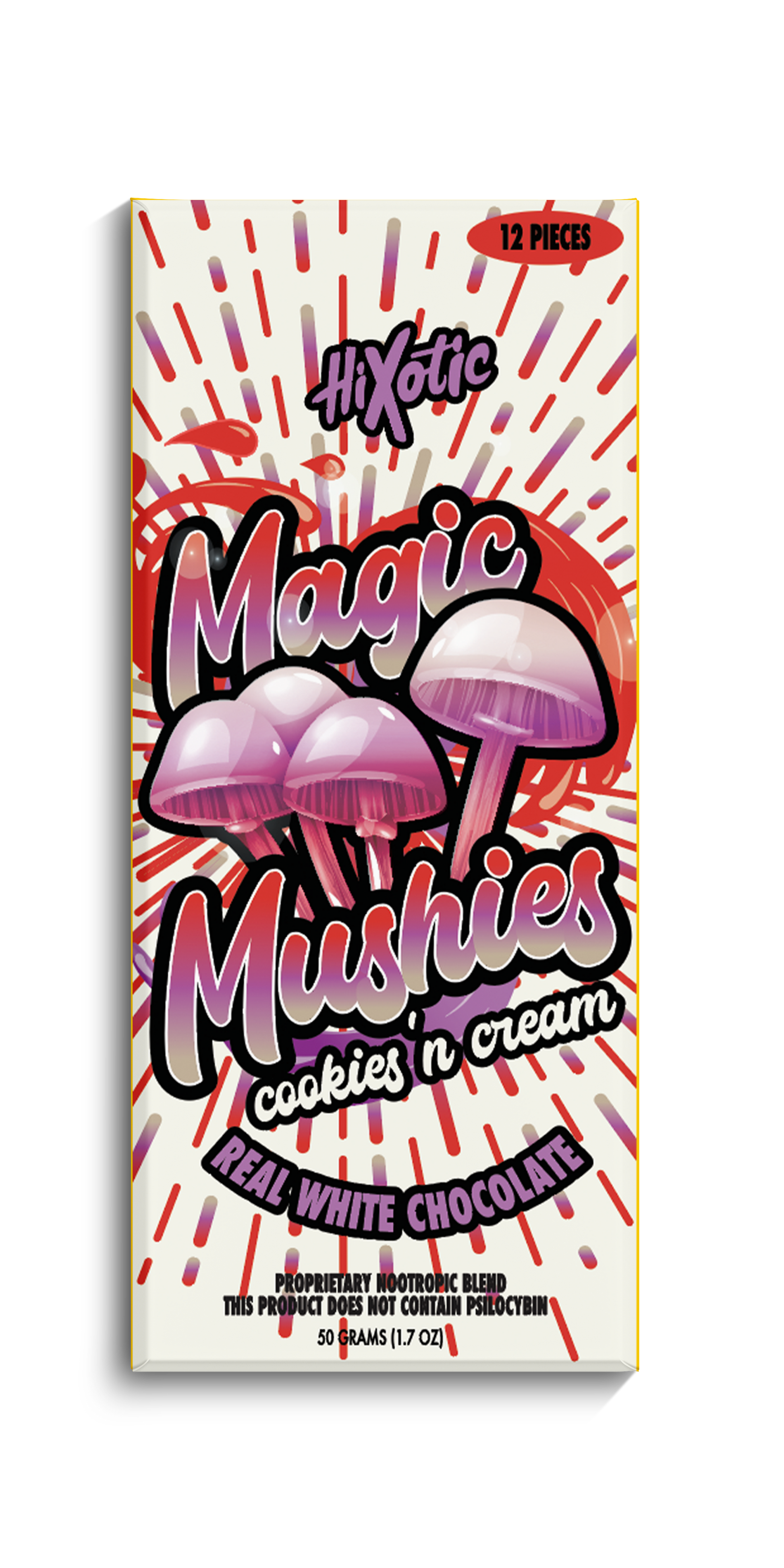 Hixotic Magic Mushies Chocolate Bar, mushroom chocolate bar, magic mushroom chocolate, chocolate bar in red and purple packaging with mushrooms and text, cookies n cream