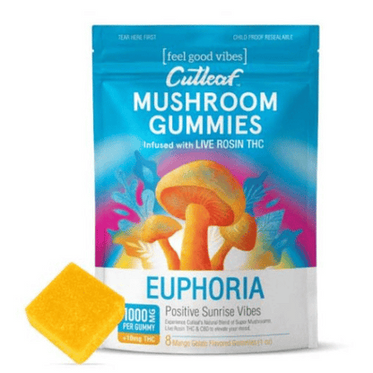 Cutleaf Euphoria Mushroom Gummies Sunrise, magic mushroom gummies, mushroom gummies, mushroom and thc gummies, cbd live resin, mushroom and CBD gummies, daytime mushroom gummies, colorful blue bag with mushrooms and text next to yellow square gummy, mango gelato, 1000mg