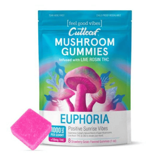 Cutleaf Euphoria Mushroom Gummies Sunrise, magic mushroom gummies, mushroom gummies, mushroom and thc gummies, cbd live resin, mushroom and CBD gummies, daytime mushroom gummies, colorful blue bag with mushrooms and text next to pink square gummy, strawberry gelato, 1000mg