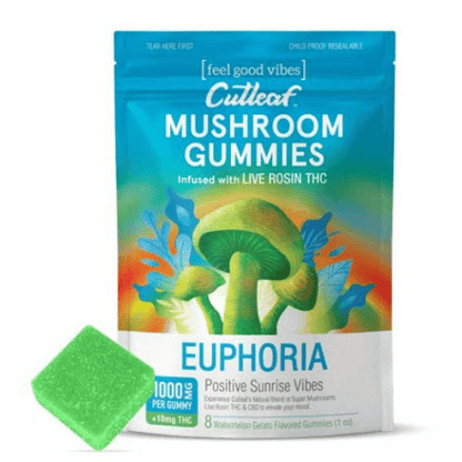 Cutleaf Euphoria Mushroom Gummies Sunrise, magic mushroom gummies, mushroom gummies, mushroom and thc gummies, cbd live resin, mushroom and CBD gummies, daytime mushroom gummies, colorful blue bag with mushrooms and text next to green square gummy, watermelon gelato, 1000mg