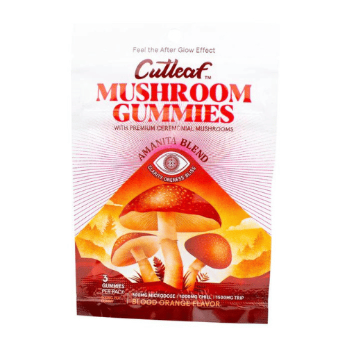 Cutleaf Euphoria Mushroom Gummies Amanita Blend, magic mushroom gummies, mushroom gummies, mushroom and thc gummies, amanita muscaria, red and white bag with mushrooms and text, blood orange, 1500mg