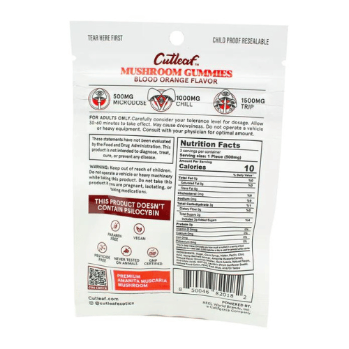 Cutleaf Euphoria Mushroom Gummies Amanita Blend, magic mushroom gummies, mushroom gummies, mushroom and thc gummies, amanita muscaria, back of red and white bag with text, blood orange, 1500mg