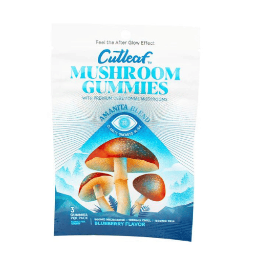 Cutleaf Euphoria Mushroom Gummies Amanita Blend, magic mushroom gummies, mushroom gummies, mushroom and thc gummies, amanita muscaria, blue and white bag with mushrooms and text, blueberry, 1500mg