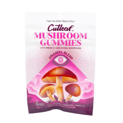 Cutleaf Euphoria Mushroom Gummies Amanita Blend, magic mushroom gummies, mushroom gummies, mushroom and thc gummies, amanita muscaria, pink and white bag with mushrooms and text, dragon fruit, 1500mg