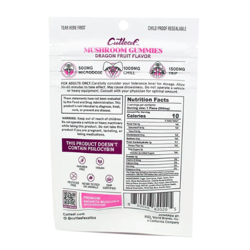 Cutleaf Euphoria Mushroom Gummies Amanita Blend, magic mushroom gummies, mushroom gummies, mushroom and thc gummies, amanita muscaria, back of pink and white bag with text, dragon fruit, 1500mg