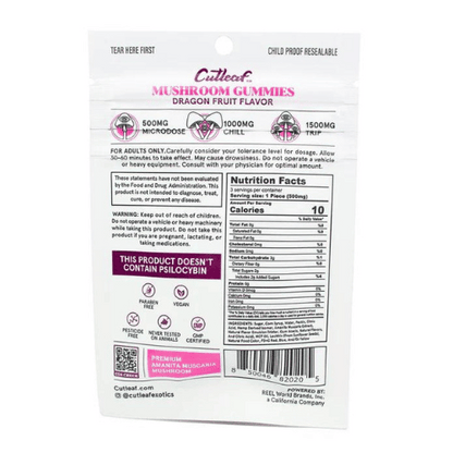 Cutleaf Euphoria Mushroom Gummies Amanita Blend, magic mushroom gummies, mushroom gummies, mushroom and thc gummies, amanita muscaria, back of pink and white bag with text, dragon fruit, 1500mg