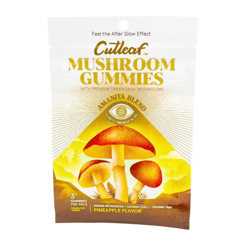 Cutleaf Euphoria Mushroom Gummies Amanita Blend, magic mushroom gummies, mushroom gummies, mushroom and thc gummies, amanita muscaria, yellow and white bag with mushrooms and text, pineapple, 1500mg