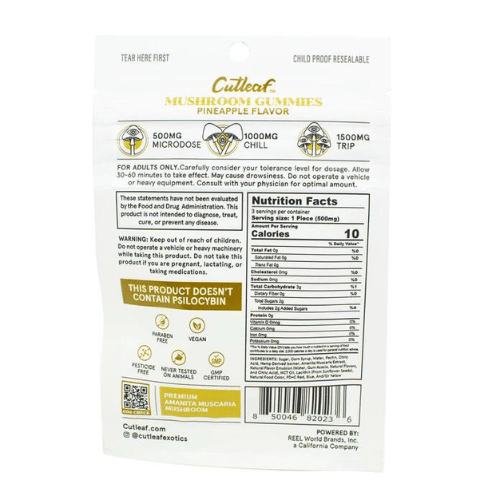 Cutleaf Euphoria Mushroom Gummies Amanita Blend, magic mushroom gummies, mushroom gummies, mushroom and thc gummies, amanita muscaria, back of yellow and white bag with text, pineapple, 1500mg