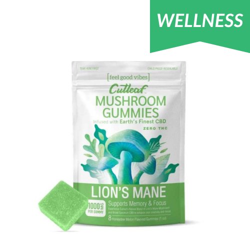 Cutleaf Zero THC Mushroom Gummies Lion’s Mane, mushroom gummies, wellness mushroom gummies, zero thc, white and green bag with mushrooms and text next to green square gummy, lion’s mane, honeydew melon, 1000mg