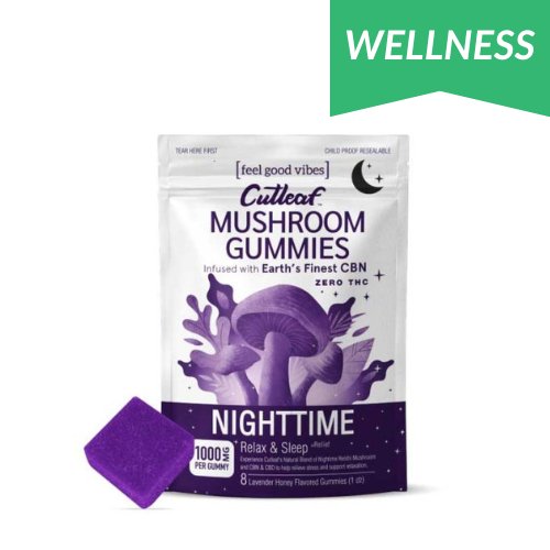 Cutleaf Zero THC Mushroom Gummies Nighttime, mushroom gummies, wellness mushroom gummies, zero thc, white and purple bag with mushrooms and text next to purple square gummy, nighttime, lavender honey, 1000mg