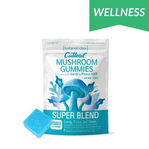 Cutleaf Zero THC Mushroom Gummies Super Blend, mushroom gummies, wellness mushroom gummies, zero thc, white and blue bag with mushrooms and text next to blue square gummy, super blend, mixed berries, 1000mg