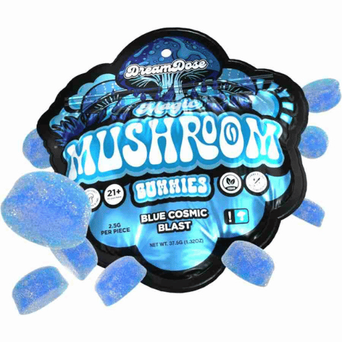 Dream Dose Nootropic Magic Mushroom Gummies, magic mushroom gummies, mushroom gummies, nootropic mushrooms, mushroom microdose, blue and black bag with mushrooms and blue gummies and text, blue cosmic blast