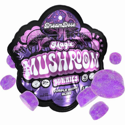 Dream Dose Nootropic Magic Mushroom Gummies, magic mushroom gummies, mushroom gummies, nootropic mushrooms, mushroom microdose, purple and black bag with mushrooms and purple gummies and text, purple berry bliss