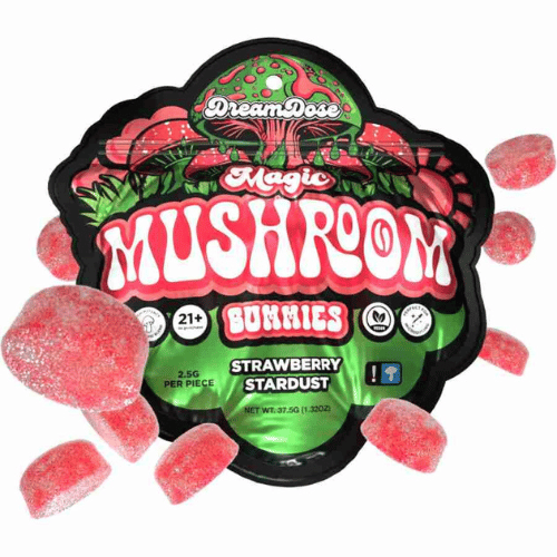 Dream Dose Nootropic Magic Mushroom Gummies, magic mushroom gummies, mushroom gummies, nootropic mushrooms, mushroom microdose, red and green bag with mushrooms and red gummies and text, strawberry stardust