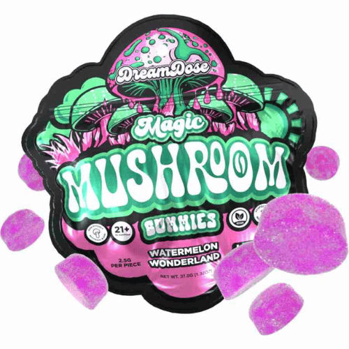 Dream Dose Nootropic Magic Mushroom Gummies, magic mushroom gummies, mushroom gummies, nootropic mushrooms, mushroom microdose, pink and aqua bag with mushrooms and pink gummies and text, watermelon wonderland