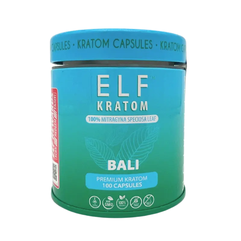 blue and green jar elf kratom bali capsules jar with text and kratom leaf bali