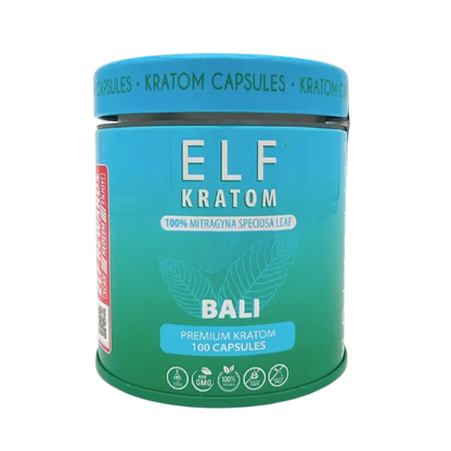 blue and green jar elf kratom bali capsules jar with text and kratom leaf bali