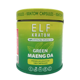 green jar elf kratom green maeng da capsules jar with text and kratom leaf green maeng da