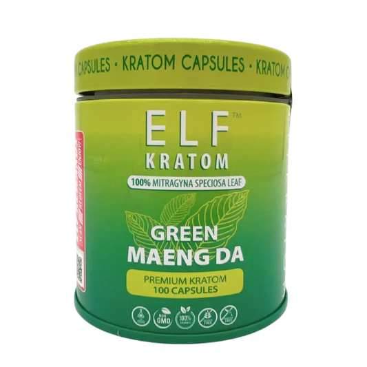 green jar elf kratom green maeng da capsules jar with text and kratom leaf green maeng da