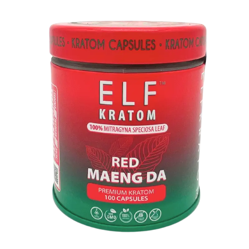 red jar elf kratom red maeng da capsules jar with text and kratom leaf red maeng da