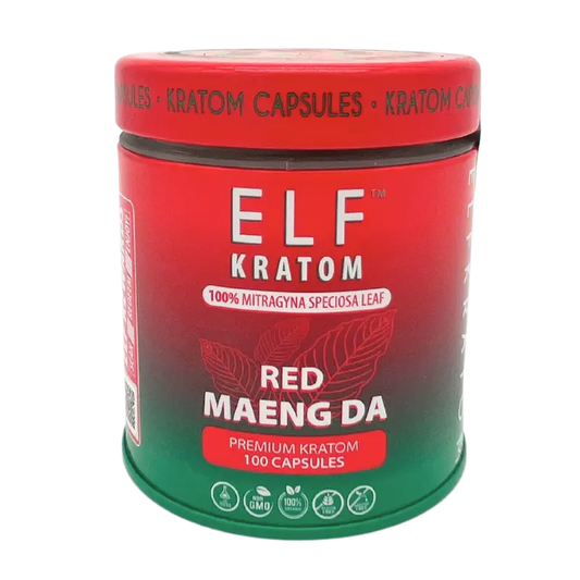 red jar elf kratom red maeng da capsules jar with text and kratom leaf red maeng da