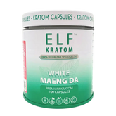 white and green jar elf kratom white maeng da capsules jar with text and kratom leaf white maeng da