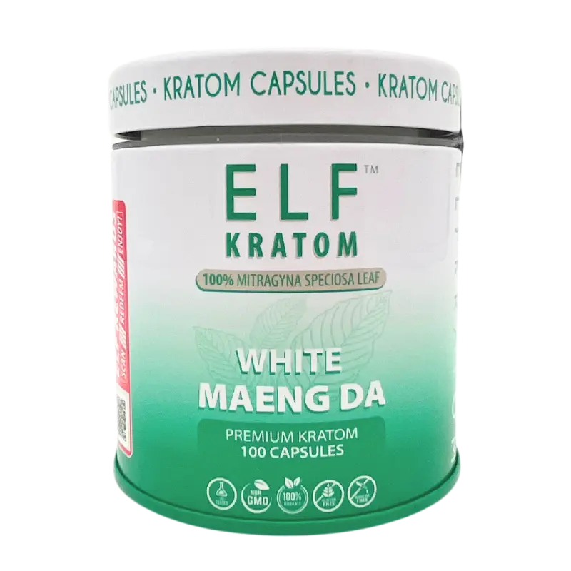 white and green jar elf kratom white maeng da capsules jar with text and kratom leaf white maeng da