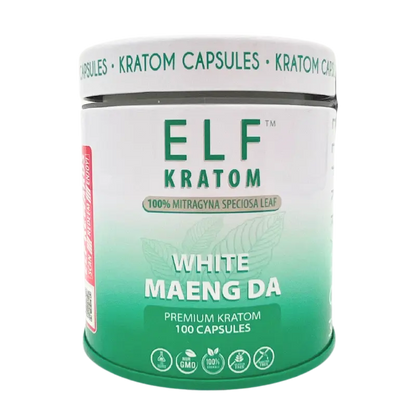 white and green jar elf kratom white maeng da capsules jar with text and kratom leaf white maeng da