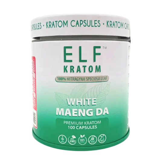 white and green jar elf kratom white maeng da capsules jar with text and kratom leaf white maeng da